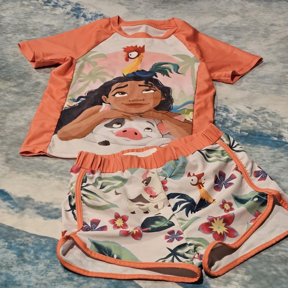 Disney PatPat Moana Pua HeiHei Girls Rash Guard Swim Set Size 5-6Y 2 Piece